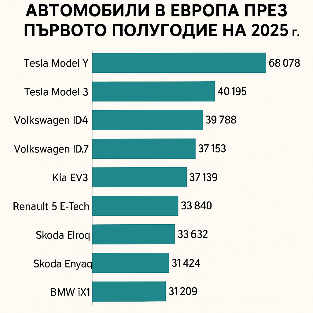 Топ 10 на продажбите на електрически автомобили в Европа през първото полугодие на 2025 г.