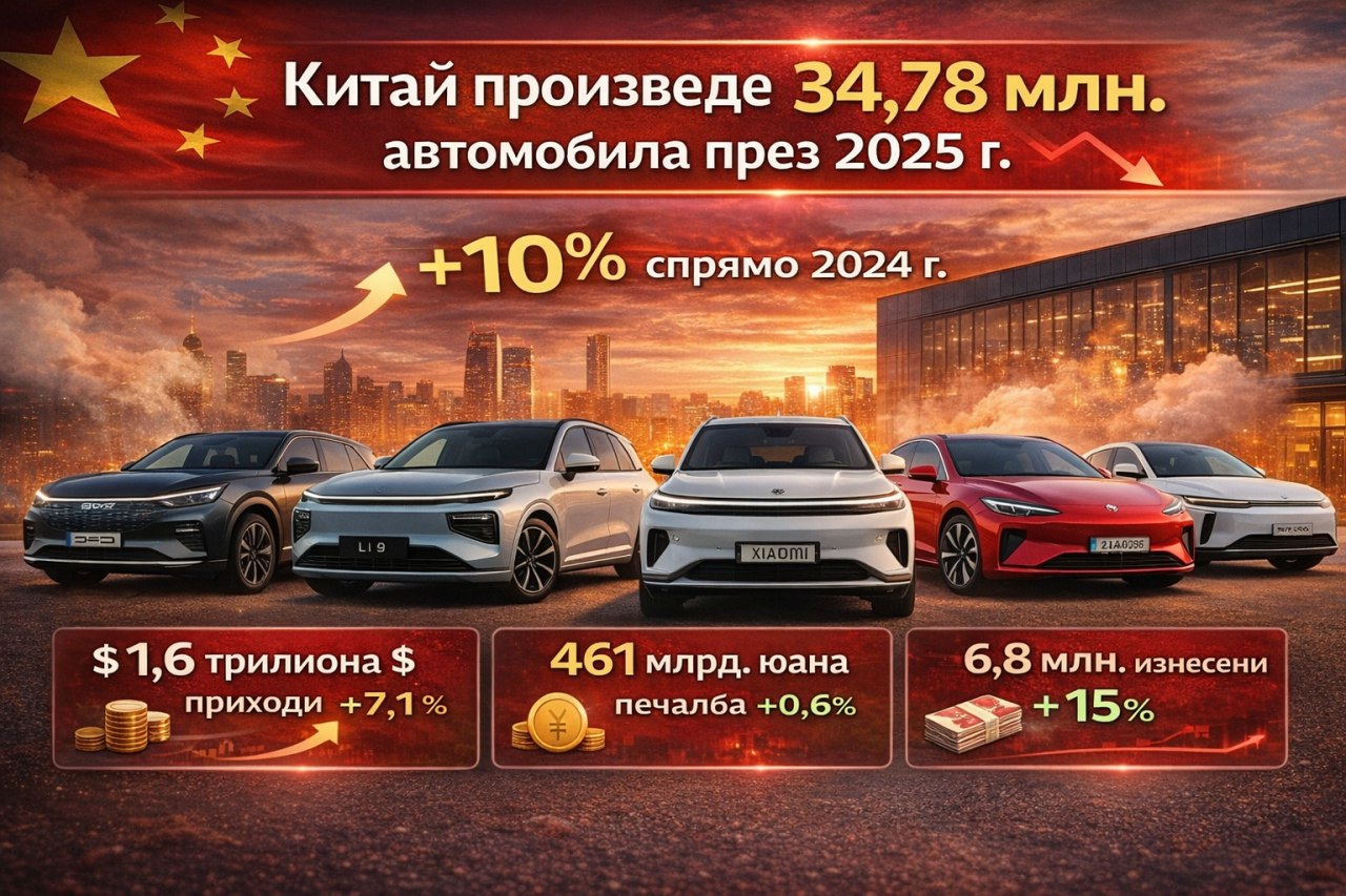 Китайската автомобилна индустрия отчете 34,78 млн. произведени коли през 2025 г., маржът падна до 4,1%