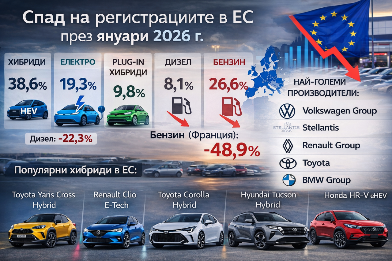Регистрациите на нови автомобили в ЕС спаднаха с 3,9% през януари 2026 г.